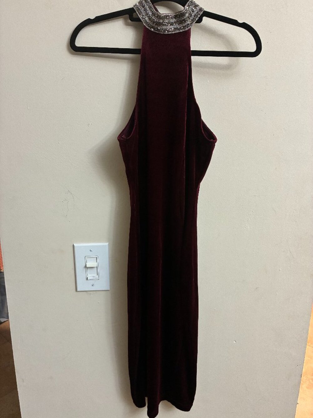 Windsor Burgundy Velvet Rhinestone High Neck Bodycon Dress